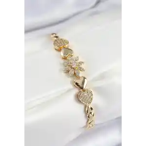 Pirinç Zirkon Taşlı Kalp Detaylı Çiçek Model Gold Renk Kadın Bileklik