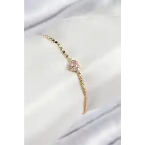 Pirinç Zirkon Taşlı Kalp Model Ezme Zincir Gold Renk Kadın Bileklik