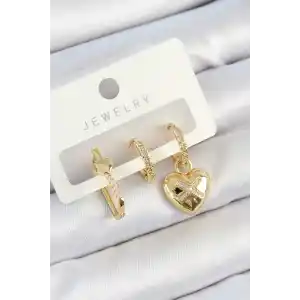 Pirinç Zirkon Taşlı Kalp Model Gold Renk 3lü Çift Kadın Küpe Set