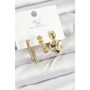 Pirinç Zİrkon Taşlı Kalp Model Gold Renk 3lü Kadın Küpe