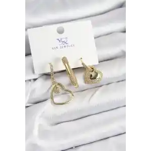 Pirinç Zİrkon Taşlı Kalp Model Gold Renk 3lü Kadın Küpe