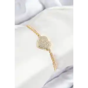 Pirinç Zirkon Taşlı Kalp Model Gold Renk Asansörlü Kadın Bileklik