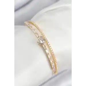 Pirinç Zirkon Taşlı Kalp Model Gold Renk Kadın Bileklik