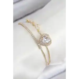 Pirinç Zirkon Taşlı Kalp Model Gold Renk Kadın Bileklik