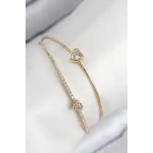 Pirinç Zirkon Taşlı Kalp Model Gold Renk Kadın Bileklik