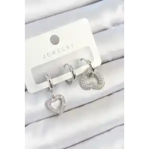 Pirinç Zirkon Taşlı Kalp Model Gümüş Renk 3lü Çift Kadın Küpe Set