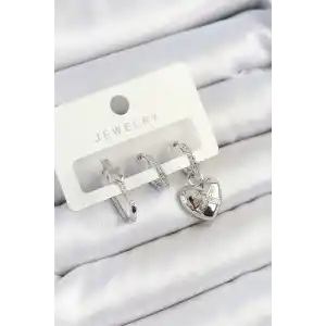 Pirinç Zirkon Taşlı Kalp Model Gümüş Renk 3lü Çift Kadın Küpe Set