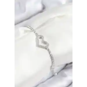 Pirinç Zirkon Taşlı Kalp Model Gümüş Renk Asansörlü Kadın Bileklik