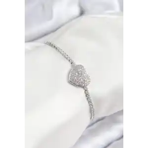 Pirinç Zirkon Taşlı Kalp Model Gümüş Renk Asansörlü Kadın Bileklik