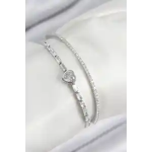 Pirinç Zirkon Taşlı Kalp Model Gümüş Renk Kadın Bileklik