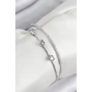 Pirinç Zirkon Taşlı Kalp Model Gümüş Renk Kadın Bileklik