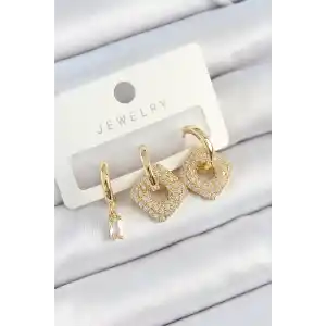 Pirinç Zirkon Taşlı Kare Model Gold Renk 3lü Çift Kadın Küpe Set