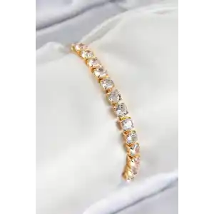 Pirinç Zirkon Taşlı Kare Model Gold Renk Asansörlü Kadın Bileklik