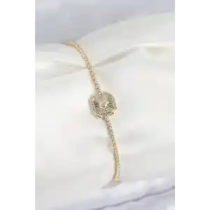 Pirinç Zirkon Taşlı Kare Model Gold Renk Kadın Bilekilk