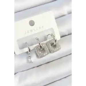 Pirinç Zirkon Taşlı Kare Model Gümüş Renk 3lü Çift Kadın Küpe Set