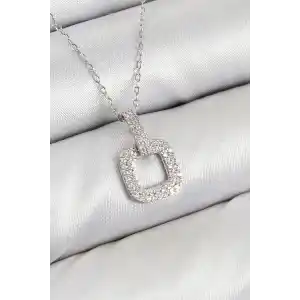 Pirinç Zirkon Taşlı Kare Model Gümüş Renk Kadın Kolye