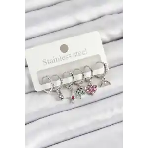 Pirinç Zirkon Taşlı Karpuz Yonca Kalp Pusula Karışık Model Gümüş Renk 6lı Set Kadın Küpe