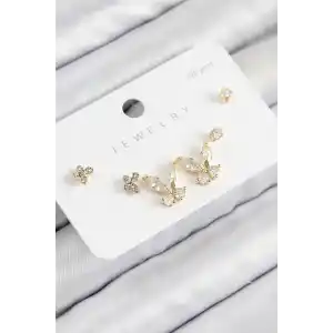 Pirinç Zirkon Taşlı Kelebek Model Gold Renk 925 Ayar Gümüş Çivi Kadın Küpe Set