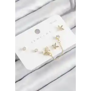 Pirinç Zirkon Taşlı Kelebek Model Gold Renk 925 Ayar Gümüş Çivi Kadın Küpe Set