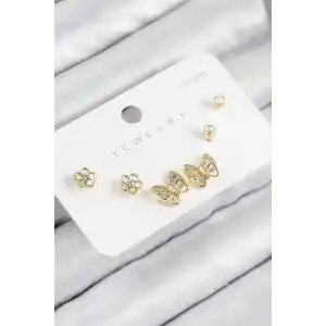 Pirinç Zirkon Taşlı Kelebek Model Gold Renk 925 Ayar Gümüş Çivi Kadın Küpe Set