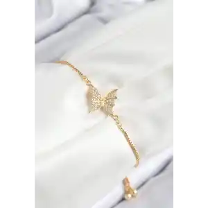 Pirinç Zirkon Taşlı Kelebek Model Gold Renk Asansörlü Kadın Bileklik