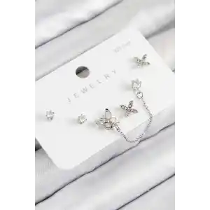 Pirinç Zirkon Taşlı Kelebek Model Gümüş Renk 925 Ayar Gümüş Çivi Kadın Küpe Set