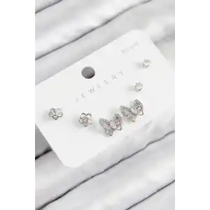 Pirinç Zirkon Taşlı Kelebek Model Gümüş Renk 925 Ayar Gümüş Çivi Kadın Küpe Set