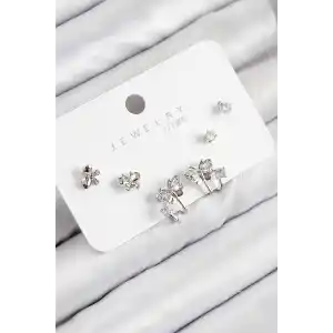 Pirinç Zirkon Taşlı Kelebek Model Gümüş Renk 925 Ayar Gümüş Çivi Kadın Küpe Set