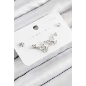 Pirinç Zirkon Taşlı Kelebek Model Gümüş Renk 925 Ayar Gümüş Çivi Kadın Küpe Set