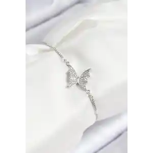 Pirinç Zirkon Taşlı Kelebek Model Gümüş Renk Asansörlü Kadın Bileklik