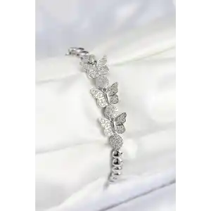 Pirinç Zirkon Taşlı Kelebek Model Gümüş Renk Kadın Bileklik