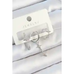 Pirinç Zirkon Taşlı Kelebek Ve Sallantılı Yıldız Model Gümüş Renk 3lü Çift Kadın Küpe Set