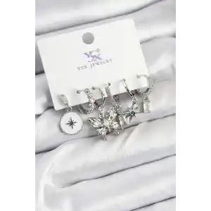 Pirinç Zİrkon Taşlı Kelebek ve Yıldız Model Gümüş Renk 3lü Çift Kadın Küpe
