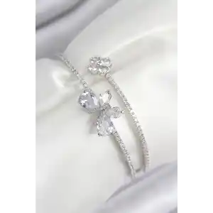 Pirinç Zirkon Taşlı Kelebek Ve Yonca Model Gümüş Renk Kadın Bileklik