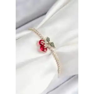 Pirinç Zirkon Taşlı Kiraz Model Gold Renk Asansörlü Kadın Bileklik