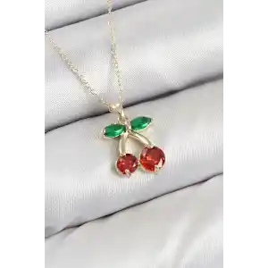 Pirinç Zirkon Taşlı Kiraz Model Gold Renk Kadın Kolye