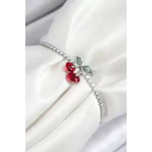 Pirinç Zirkon Taşlı Kiraz Model Gümüş Renk Asansörlü Kadın Bileklik