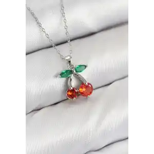 Pirinç Zirkon Taşlı Kiraz Model Gümüş Renk Kadın Kolye