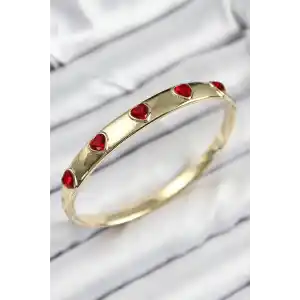 Pirinç Zirkon Taşlı Kırmızı Kalp Model Gold Renk Kadın Kelepçe