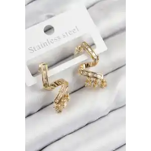 Pirinç Zirkon Taşlı Kıvrımlı Model Gold Renk Kadın Küpe