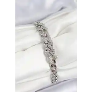 Pirinç Zirkon Taşlı Küba Zincir Model Gümüş Renk Kadın Bileklik