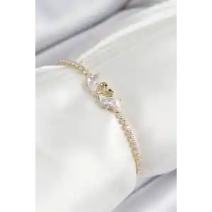 Pirinç Zirkon Taşlı Kuğu Model Gold Renk Asansörlü Kadın Bileklik