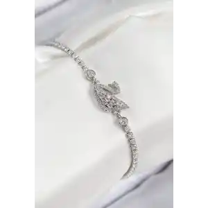 Pirinç Zirkon Taşlı Kuğu Model Gümüş Renk Kadın Bileklik