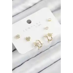 Pirinç Zirkon Taşlı Kutup Yıldızı Model Gold Renk 925 Ayar Gümüş Çivi Kadın Küpe Set