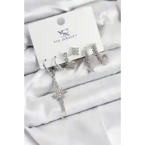 Pirinç Zİrkon Taşlı Kutup Yıldızı Model Gümüş Renk 3lü Çift Kadın Küpe