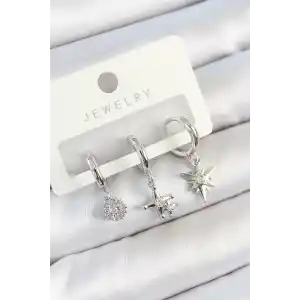 Pirinç Zirkon Taşlı Kutup Yıldızı Model Gümüş Renk 3lü Çift Kadın Küpe Set