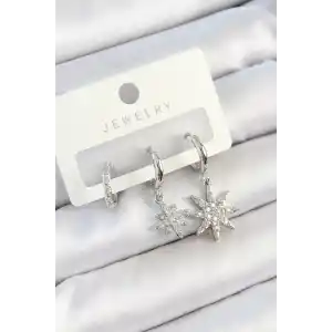 Pirinç Zirkon Taşlı Kutup Yıldızı Model Gümüş Renk 3lü Çift Kadın Küpe Set