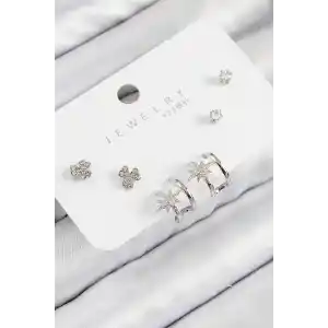 Pirinç Zirkon Taşlı Kutup Yıldızı Model Gümüş Renk 925 Ayar Gümüş Çivi Kadın Küpe Set