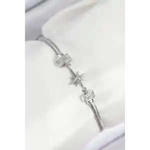 Pirinç Zirkon Taşlı Kutup Yıldızı Model Gümüş Renk Kadın Bileklik