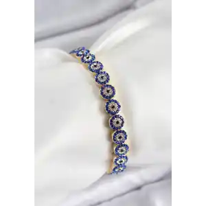 Pirinç Zirkon Taşlı Lacivert Nazar Model Gold Renk Lastikli Kadın Bileklik